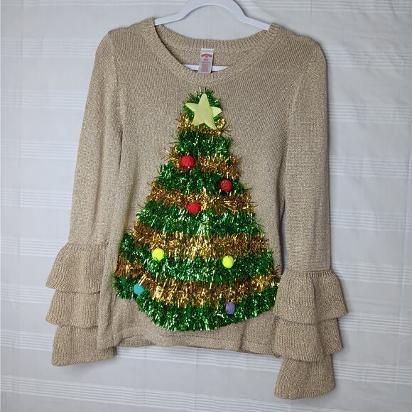 Holiday Time Dimensional Christmas Tree Ugly Sweater Size Small Ruffle Sleeves - Picture 6 of 12